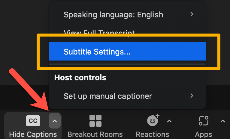 Select arrow next to Hide Captions to modify Subtitle Settings