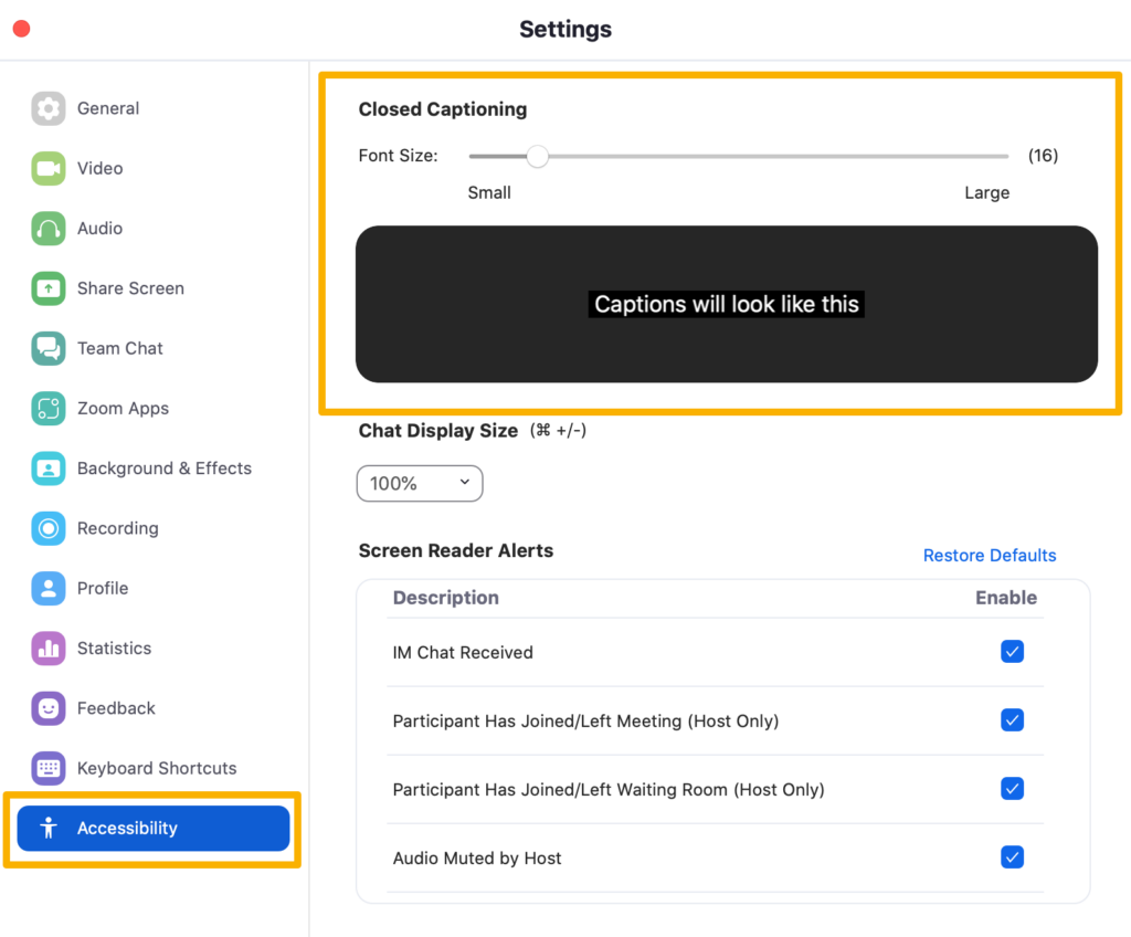 In the Zoom Preferences | Accessibility window, modify the closed captioning font size.