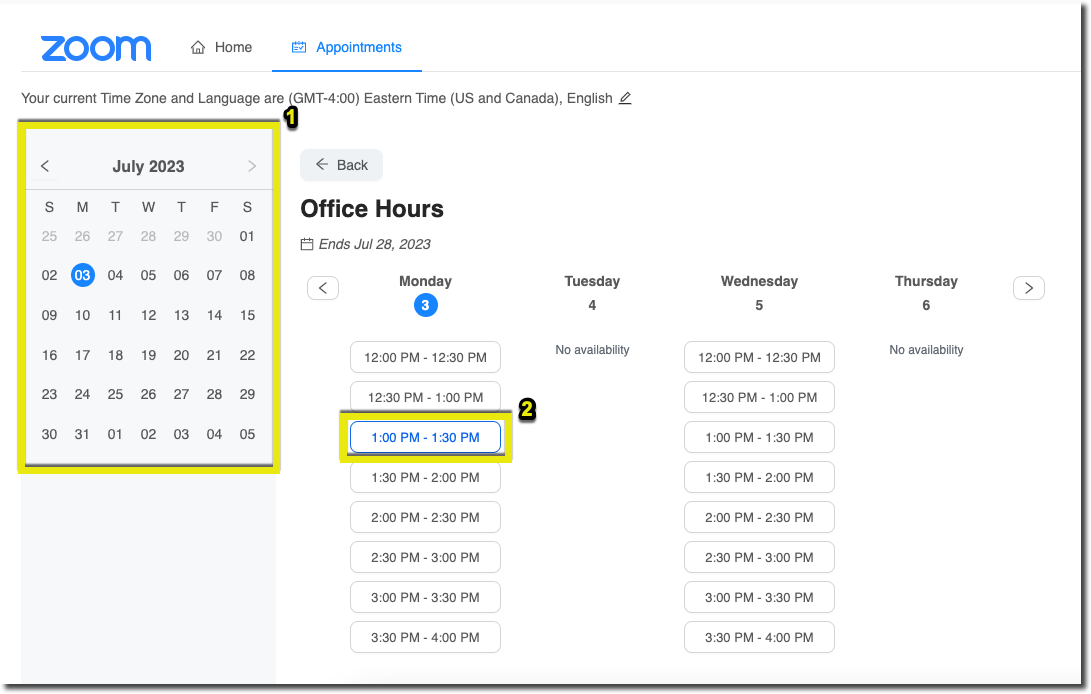 Student view of the Appointment Scheduler in the MyCourses Zoom tool.