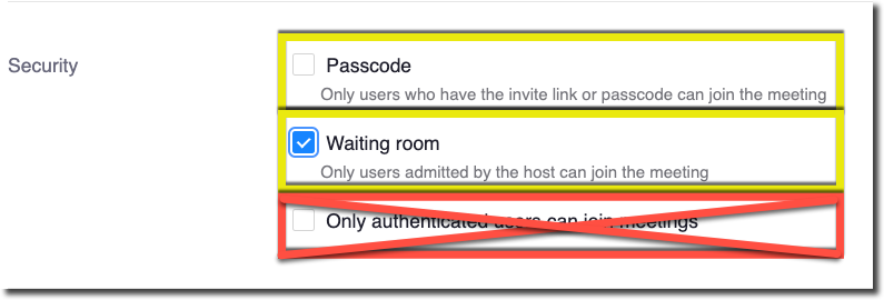 Alternate security options in the Zoom meeting scheduler in MyCourses.