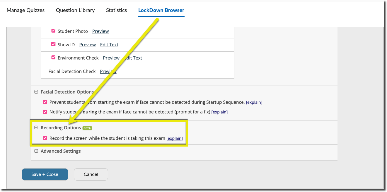 The Recording Options setting in the Lockdown Browser dashboard.