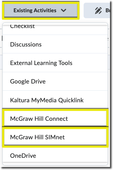 New McGraw Hill links in the content tool under Existing Activities.