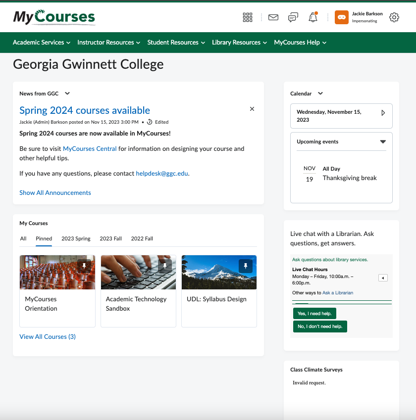 MyCourses Main Homepage Option 1 with announcement widget moved to left main panel.
