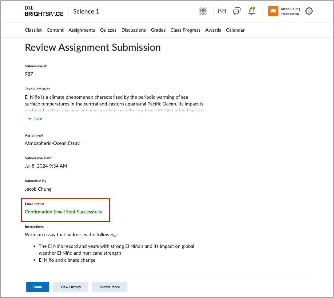 The Review Assignment Submission page in Brightspace, showing submission details for an essay, with an email status message highlighted: Confirmation Email Sent Successfully.