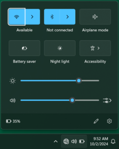 Windows 11 Wi-Fi, Sound, and Battery menu