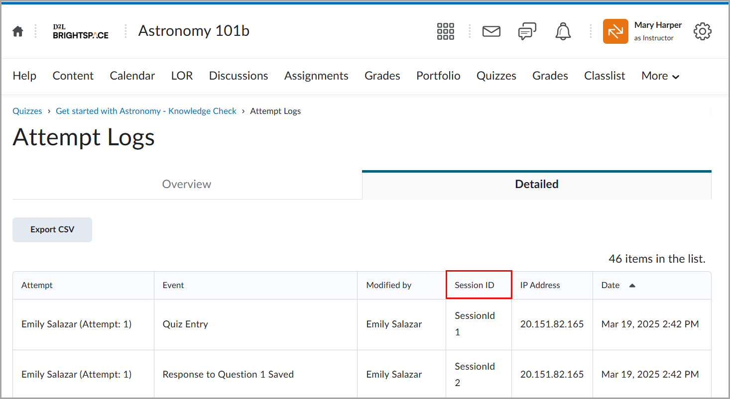 The Session ID column highlighted on the Attempt Logs page.