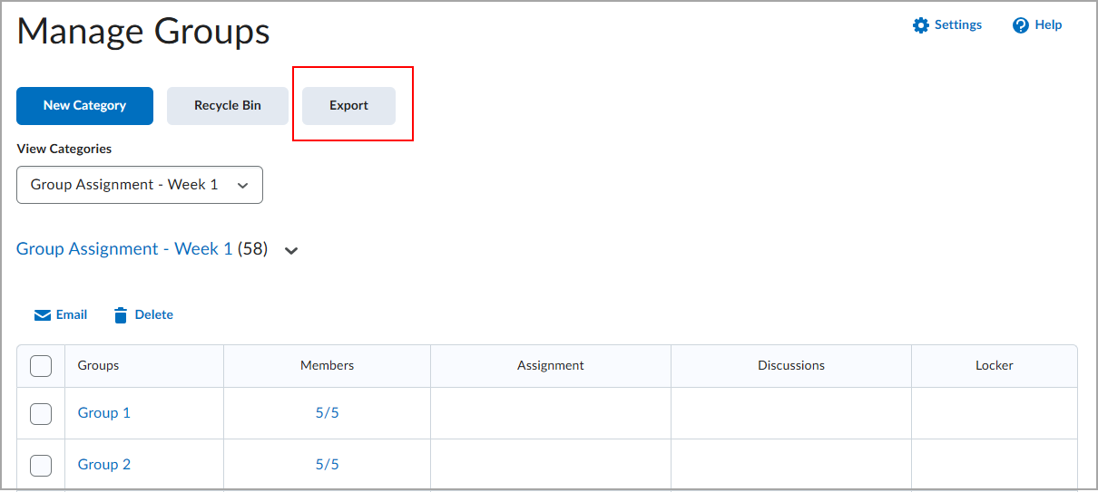 Manage Groups page showing group list and highlighted Export button