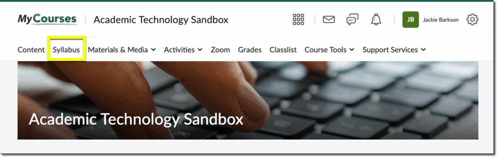 Syllabus link in the MyCourses default course navigation bar.