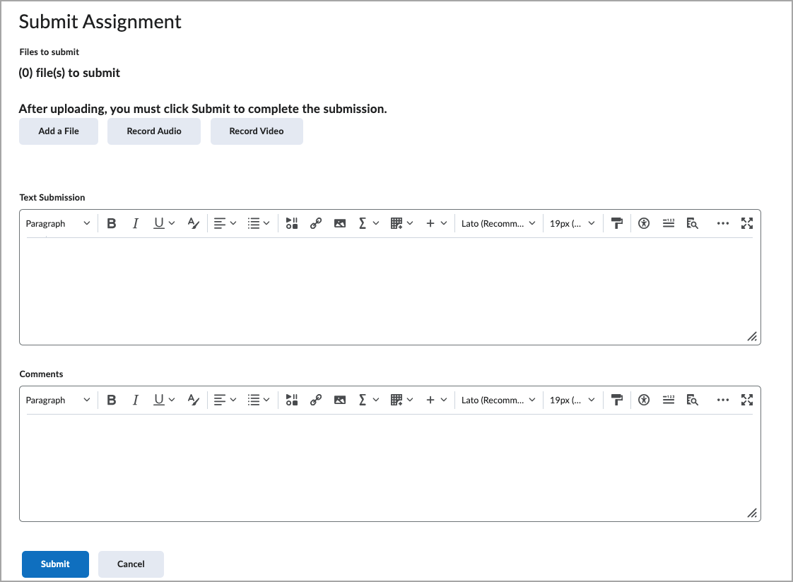 Expanded Submission Type menu showing five options: File submission, File or text submission, Text submission, On paper submission, and Observed in person.