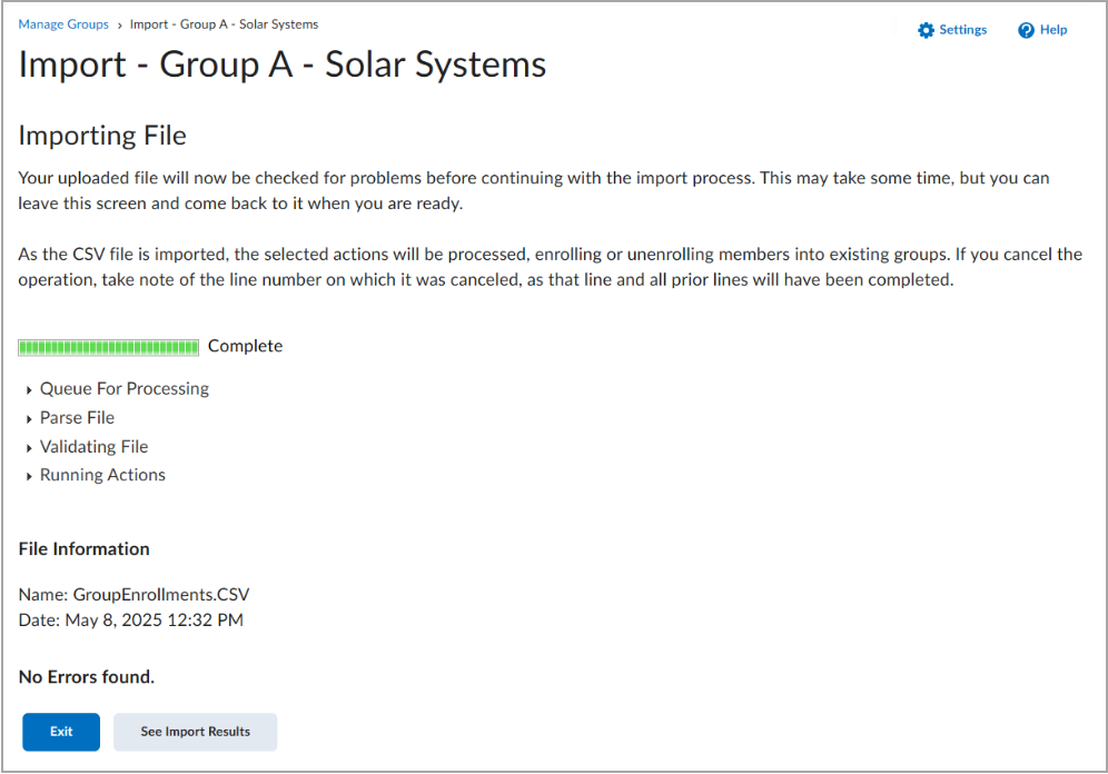 The CSV file import process appears completed with no errors on the Importing page