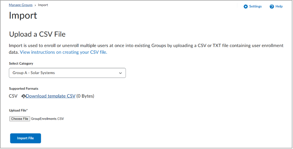 Import pageshows the CSV upload interface for enrolling users in groups