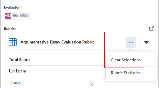 The confirmation dialog states Clear all rubric selections? Feedback you've entered will not be affected.
