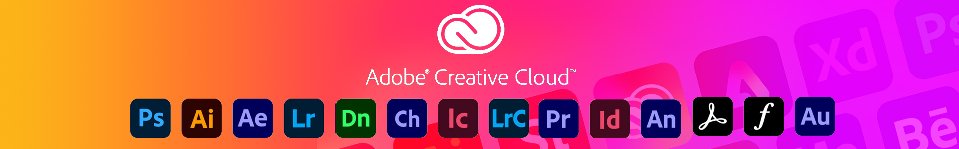 Adobe Creative Cloud banner showing all applications in suite.