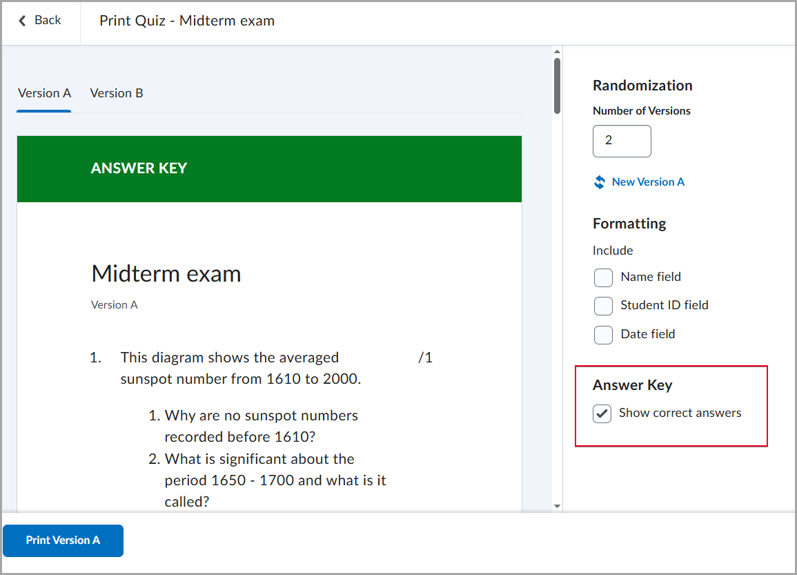 Print preview of a quiz showing answer key and formatting options.