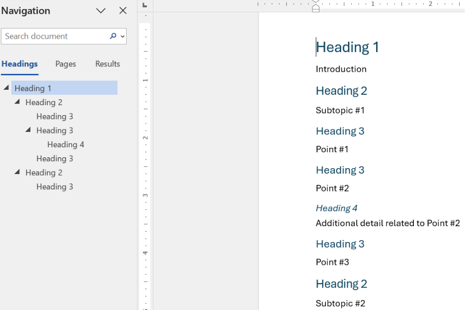 Microsoft Word screenshot comparing the document content and navigation sidebar