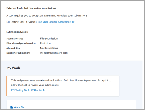 Assignment accessed through Lessons showing processor EULA information in the Instructions area and as an inline alert.