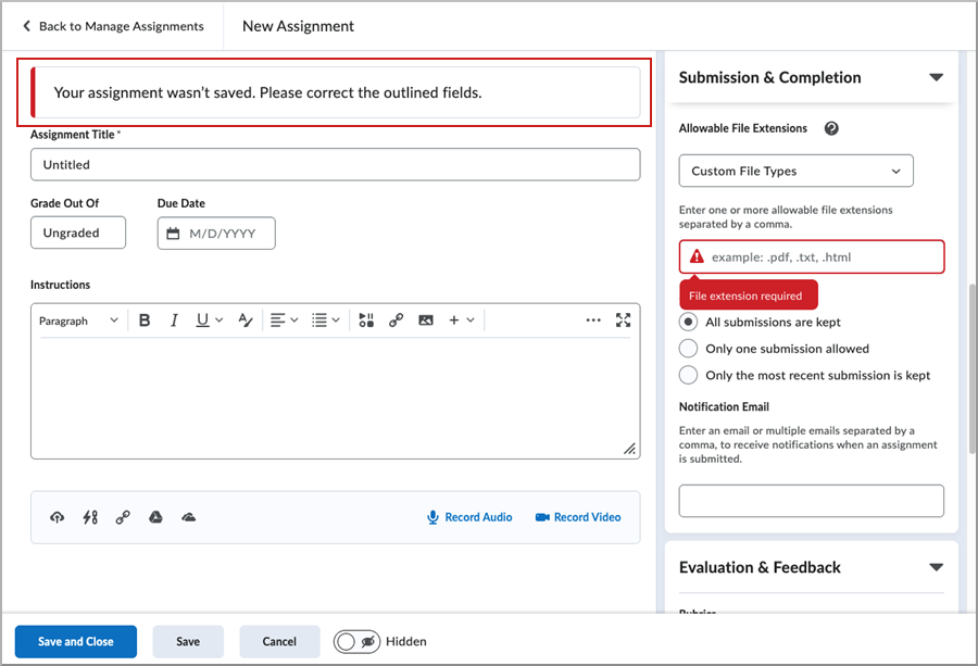 New Assignment page displaying a validation error when Custom File Types is selected without specifying at least one allowable file extension.
