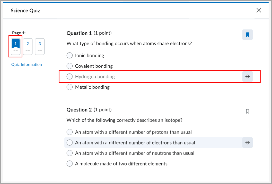 The quiz interface displays multiple-choice questions, with flagged quiz questions highlighted and a strikethrough answer option.
