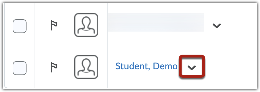 Screenshot of MyCourses classlist with emphasis on demo student dropdown menu.